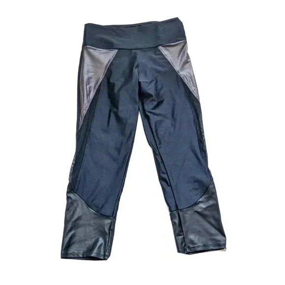 Onzie Pants - Onzie Black Brown Faux Leather Cropped Mesh Leggings Size Small Medium Yoga